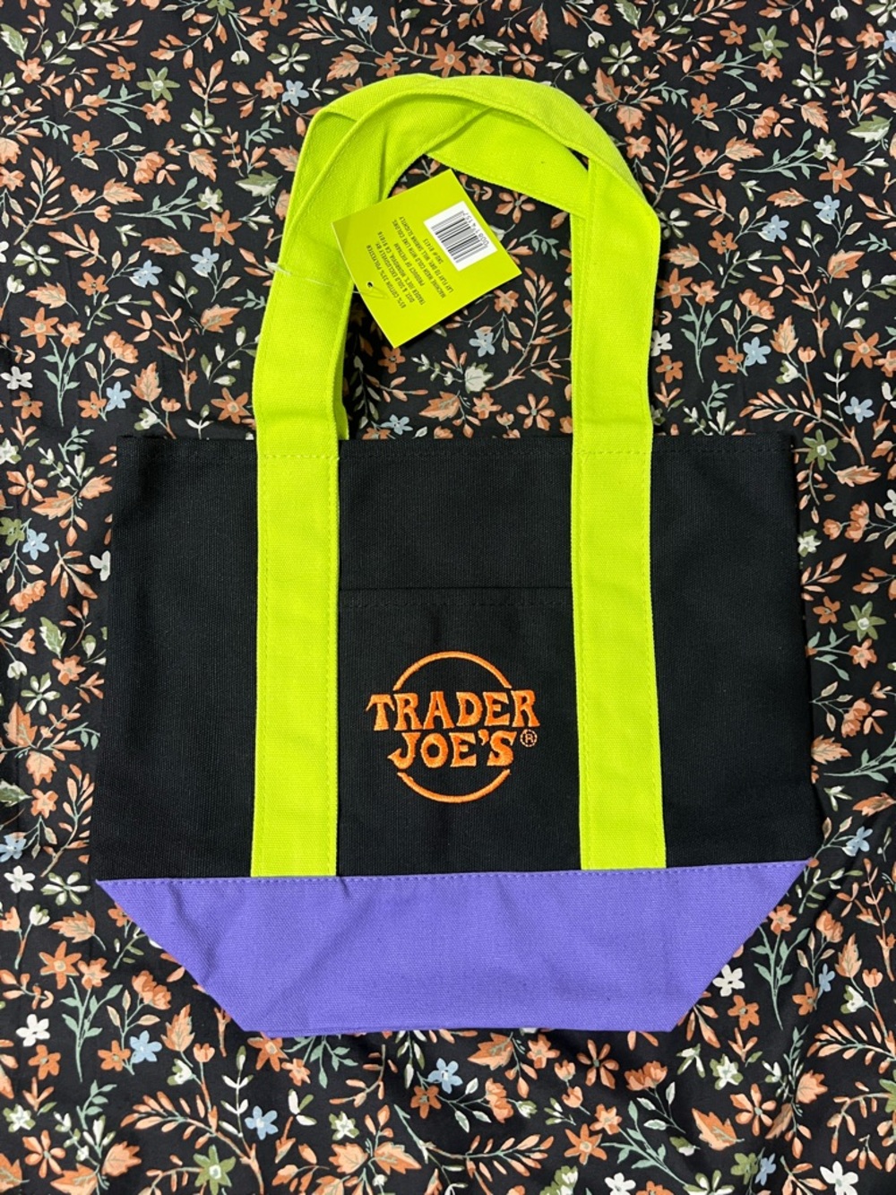 Trader Joe's Black Tote with Lime Handles and Purple Base
